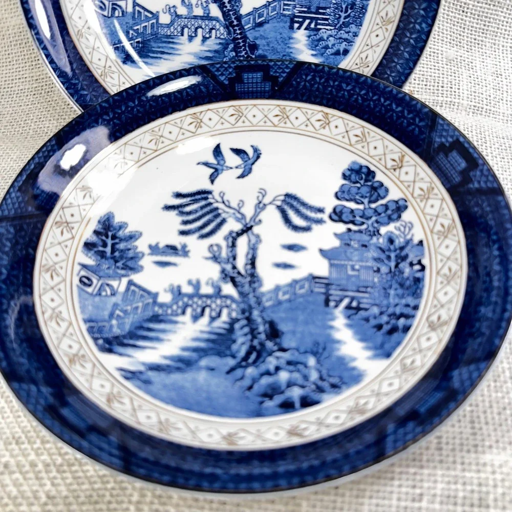 Vintage Occupied Japan Ironstone Blue Willow Rim Soup Bowl Pair 7.5in Blue White